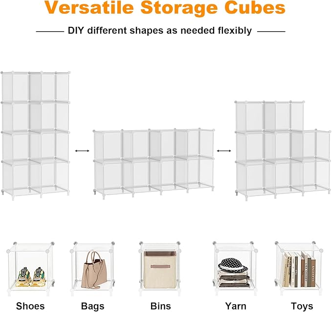 AWTATOS 8 Cube Storage Organizer, Closet Organizer Storage Shelf, Clear | DIY Stackable Storage Cubes Shelves for Closet, Bookcase Bookshelf, Plastic Shelving for Bedroom, Home Office