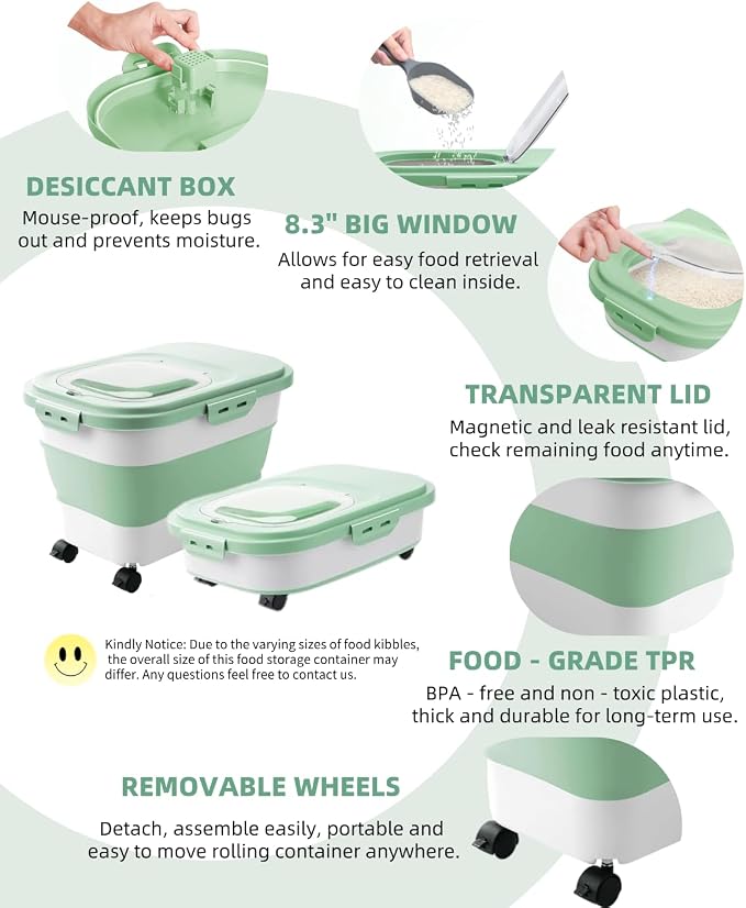 20-30 Lbs Rice Storage Container,Collapsible Food Storage Container | Flour Storage Container with Wheels Airtight Locking Lid,Cat Food Container Double Seal,Keep Fresh for Pet Food,Rice,Flour