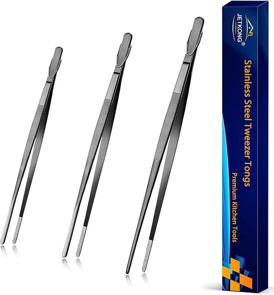 JETKONG Kitchen Tweezers Stainless Steel Food Tweezers Professional Chef Tweezer Kitchen Tools, Set of 3 (7 9 12 Inch, Black)