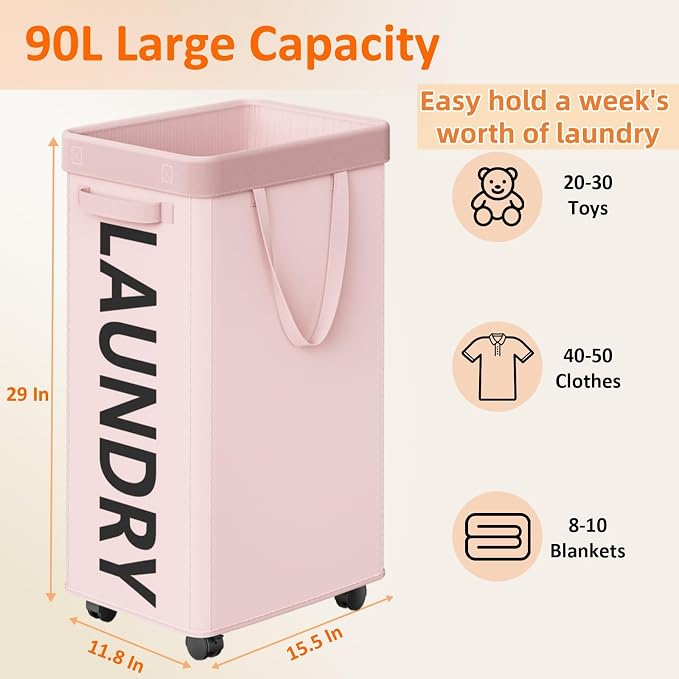 Optish Pink Laundry Basket with Wheels, Dorm Room Essentials Girl, 90L Rolling Laundry Hamper with Wheels, Large Clothes Hamper on Wheel with Removable Mesh Bag for Bedroom, Dorm