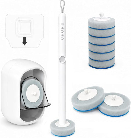 UFORU Disposable Toilet Brush with 7 Refill Heads, Toilet Wand Kit and Toilet Bowl Cleaner Brush, Wall Mounted Holder Set for Bathroom Cleaning