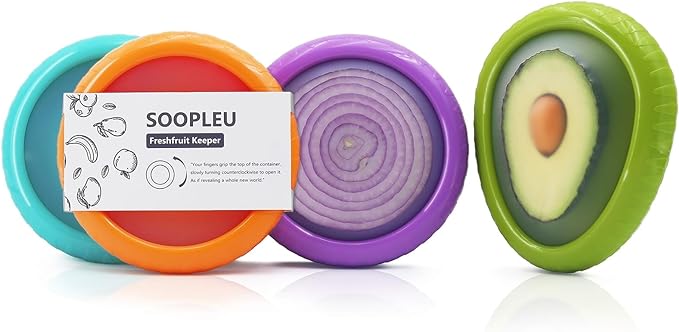 SOOPLEU Avocado Saver & Onion Storage, 4Pcs Silicone Fresh Produce Holder | Keep avocados fresh! 4Pcs silicone holder for tomato, lemons, garlic & produce. Ideal fridge fruit vegetable containers.