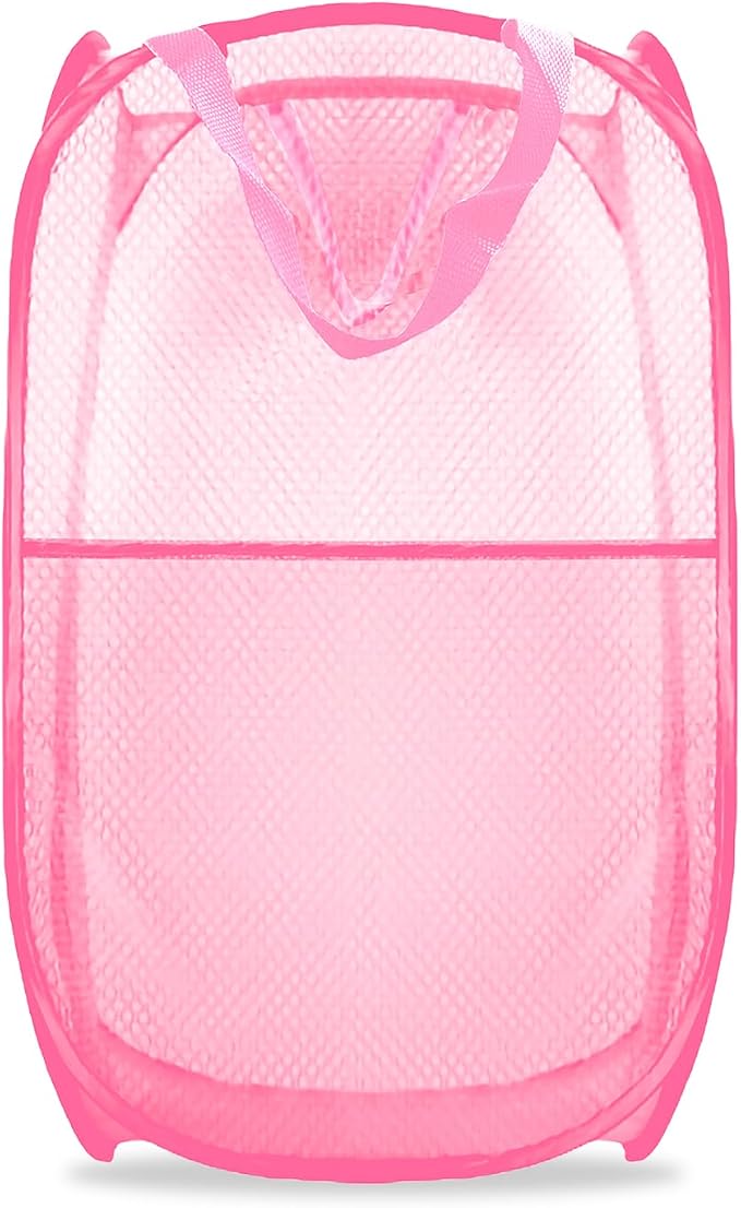 Collapsible Pop Up Laundry Hamper, Extra Large Mesh Foldable Laundry Basket, 28" x 16" x 16"(Pink)