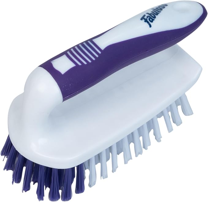 Fabuloso Cleaning Brush with Handle Compact Handheld Household Scrub Brush Kitchen Bathroom Baseboards Tile and Floors Firm Bristles Indoor Surface Cleaning White Purple 5.5 Inch Everyday Cleaning