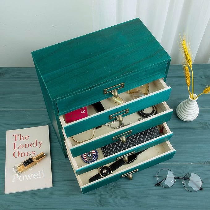 GoooodGIFT Wooden Drawers Small Wooden Box with Drawer, Blue | 5 Drawer Wood Storage Box , Vintage Desktop Organizer with Drawers, Desk Organizers for Library Card Catalog Cabinet