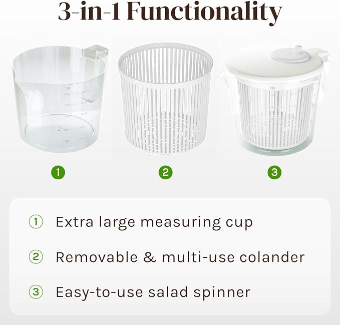 Cooler Kitchen Small Salad Spinner — Mini Lettuce Spinner and Dryer with Measuring Cup Bowl — Compact Veggie & Fruit Washer, Salad Dryer Spinner — Dishwasher Safe, BPA-Free