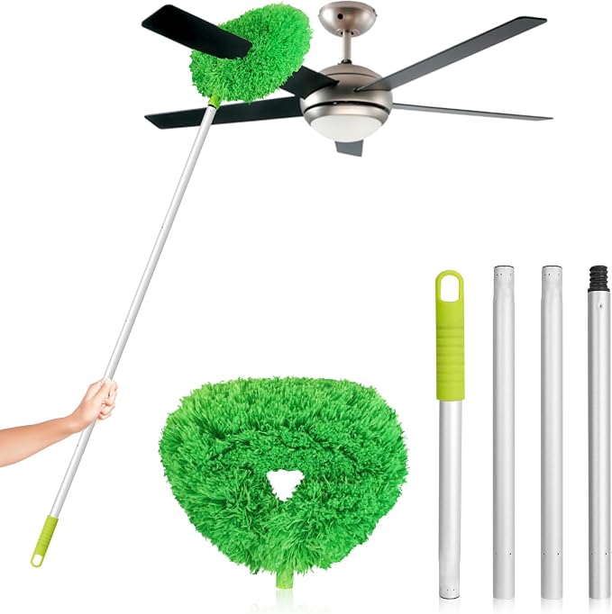 FONUNO Ceiling Fan Cleaner Duster High Ceiling Extended Fan Blade Cleaner | Reusable Microfiber Ceiling Fan Duster with Extension Handle from 13 to 50 Inch for Furniture Bookshelves Wall Door, Green
