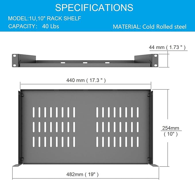 1U Universal Server Rack Shelves- 10" Deep | Steel Vented Cantilever Rack Tray for 19” Equipment Rack, Black (10 inch)