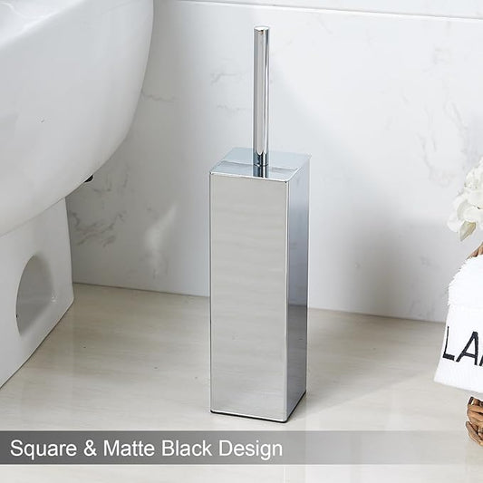 Chrome Square Stainless Steel Toilet Brush with Holder, 304 Modern Toilet Brush Set – Rust Resistant, Long Handle, Replacement Heads, Floor Standing Bathroom Toilet Cleaning Brush