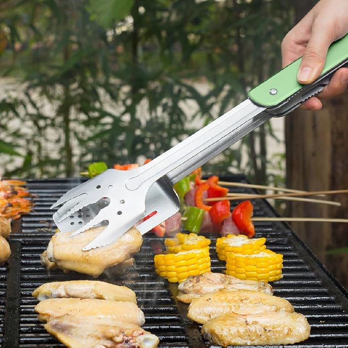 ROXON S601 6-in-1 Folding Grill Tool Set,14" BBQ Utensils for Camping Green | Includes Fork, Spatula, Knife, Tongs, Bottle Opener & Corkscrew. LFGB Certified, Dishwasher-Safe, Portable for Outdoor BBQ