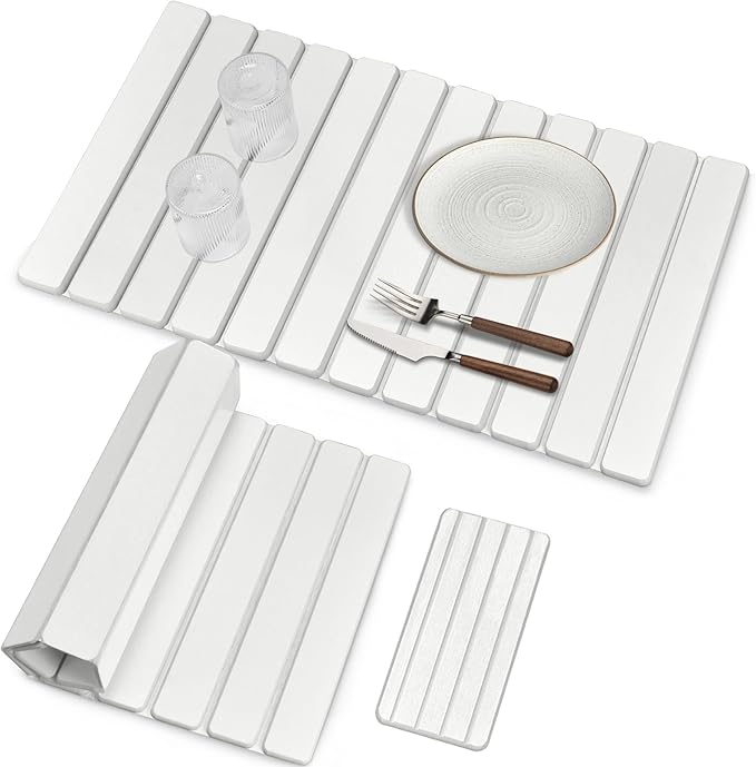 Large Stone Dish Drying Mats for Kitchen Counter, Fast Drying Collapsible Dish Drying Mat, Eco-Friendly Absorbent Diatomaceous Earth Mats for Dishes Cups, Match Any Countertop (White 28"×16" & 8"x4")
