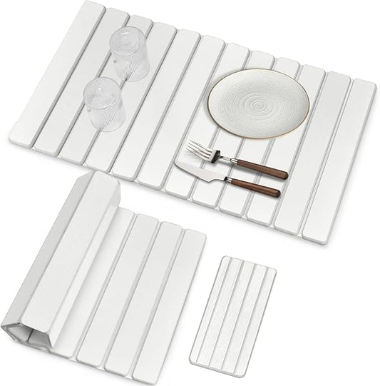 Large Stone Dish Drying Mats for Kitchen Counter, Fast Drying Collapsible Dish Drying Mat, Eco-Friendly Absorbent Diatomaceous Earth Mats for Dishes Cups, Match Any Countertop (White 28"×16" & 8"x4")
