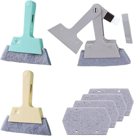 Window Track Cleaner Tool, 3Pcs 4-in-1 Groove Cleaning Brush (with Bristle Brush, Gap Dustpan, Scraper) + 4pcs Replacement Cloth, Washable Cleaning Gadgets for Sliding Door, Sill, Car Vents