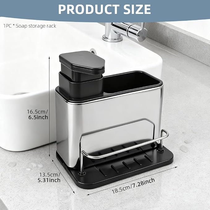 Dish Soap Dispenser, 3-in-1 Sponge Holder, Organizer Dish Soap Dispenser,Sink Caddy,Stainless Steel Dishs Brush Scrubber with Sponge Holder(Color:Black)