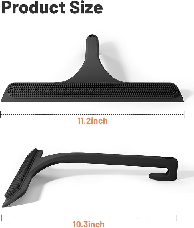 2-in-1 Silicone Shower Squeegee with Hook,Dual-Sided Design with Scraper & Scrub Surface,Rust-Proof Stainless Core,Streak-Free Bathroom Squeegee for Glass Doors,Mirrors,Windows,Car Windshields (Black)