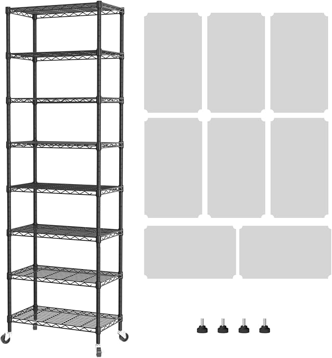 SINGAYE 8 Shelves Storage Wire Shelf Closet Metal Shelving Pantry Wheels | Shelf Bathroom Organizers Metal Kitchen Garage Shelving Unit Laundry Room Organization Home Rack Net Basket with Wheels