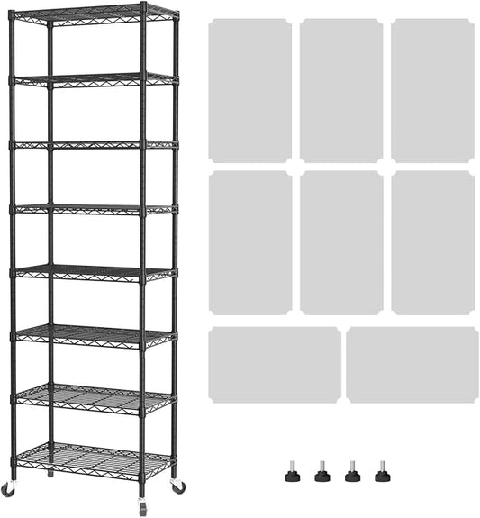 SINGAYE 8 Shelves Storage Wire Shelf Closet Metal Shelving Pantry Wheels | Shelf Bathroom Organizers Metal Kitchen Garage Shelving Unit Laundry Room Organization Home Rack Net Basket with Wheels