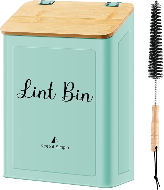 Magnetic Lint Bin for Laundry Room Organization and Storage,Light Green | Wall Mounted Metal Lint Box Holder Trash Can with Bamboo Lid for Dryer,Lint Basket for Laundry Room Decor