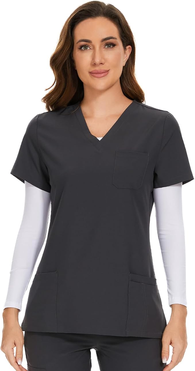 Scrubs Tops for Woman - Soft Stretch, V-Neck Tops | 3 Pockets, Side Split Design, Short Sleeve, Breathable & Lightweight Nursing Shirt, Easy-Care Fabric for All-Day Comfort