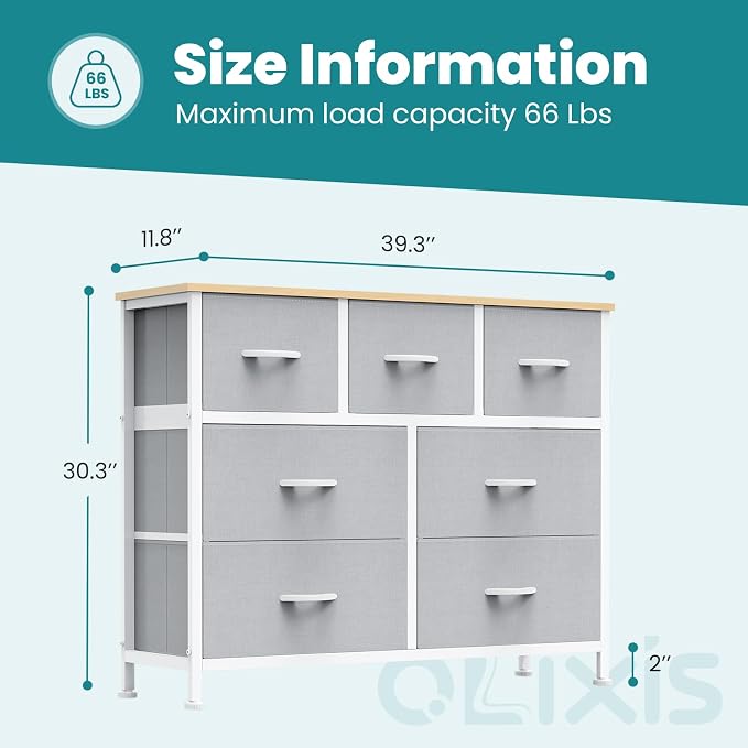 OLIXIS 7 Drawer Closet Organizer, Storage Tower with Sturdy Steel Frame | Dresser for Bedroom, Wooden Top & Easy Pull Fabric Bins, Clothes Organization, Living Room Entryway, Light Gray