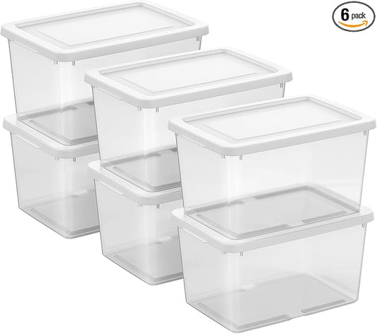 Sterilite 6-Pack Clear Storage Box, Stackable Container Bins with Lids, 20 Qt, White – Plastic Containers for Home, Closet, Bathroom, Classroom, and Office Organization