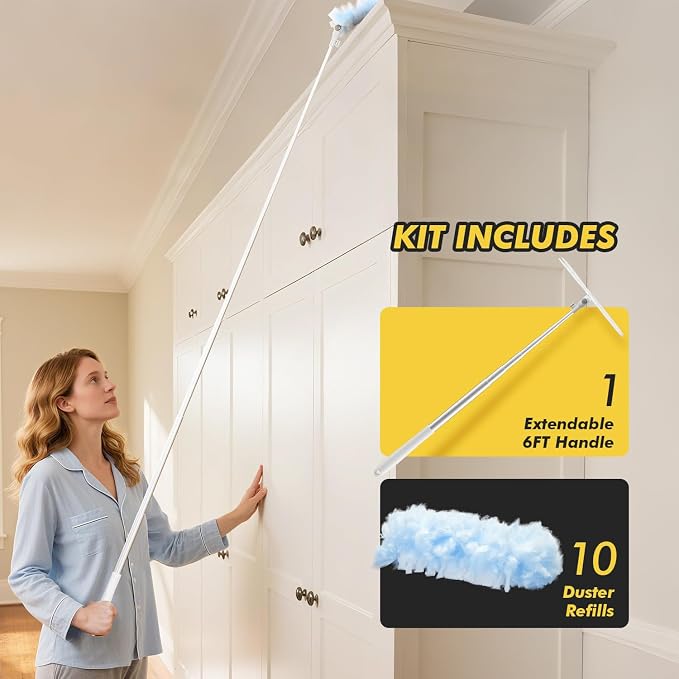 6 ft Extendable Duster Handle with 10 Refills, Compatible with Swiffer, Disposable Microfiber Dusting Pads for Home Cleaning, Ceiling, Fan, Window, Hard-to-Reach Areas