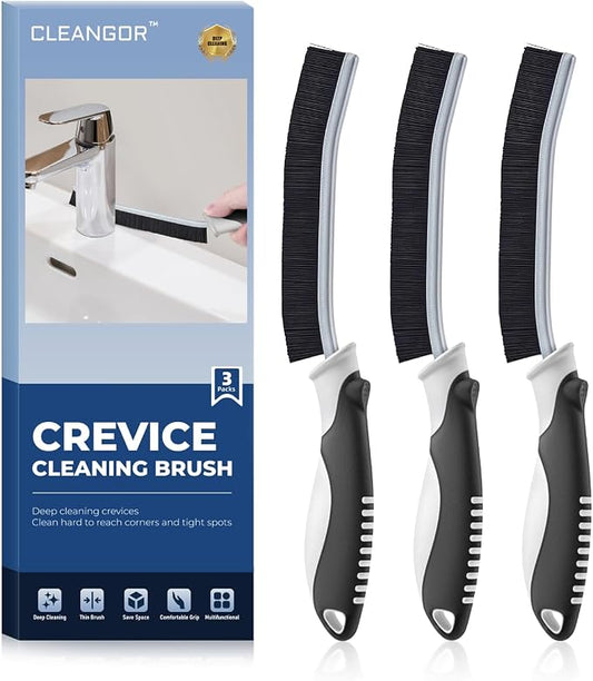 CLEANGOR Crevice Cleaning Brushes, Scrub Brushes for Hard to Reach Space | Home Essentials, Cleaning Supplies, Cleaning Tools for Household Use, Bathroom, Shower, Kitchen, Toilet, Window (3, Black)