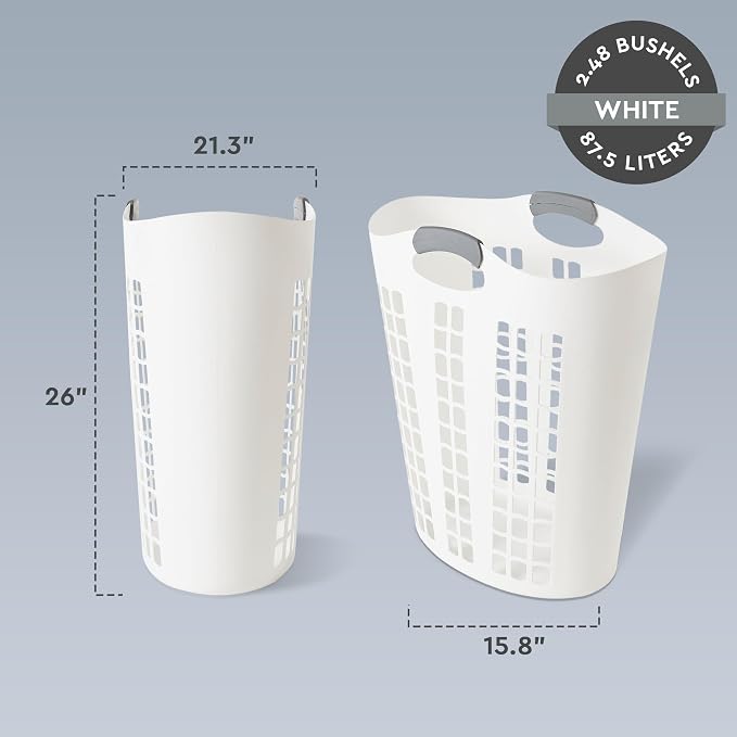 Gracious Living 4 Pack Easy Carry Flex Hamper, Large 87.5L Laundry Basket | Lightweight Plastic Ventilated Clothes Bin with Handles, White