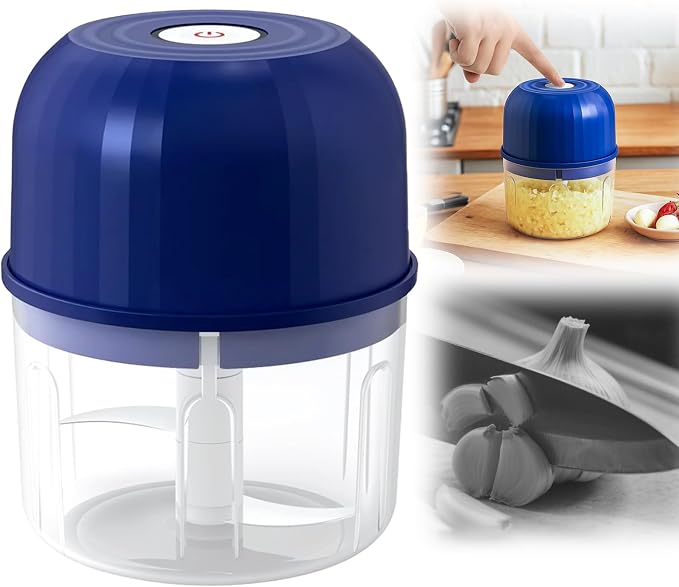 Electric Garlic Chopper, Mini Portable Veggie Chopper Garlic Grinder Masher Onion Choppers, Portable Wireless Food Processor for Garlics Onion Ginger Chili Fruit Vegetables Meat (Blue)