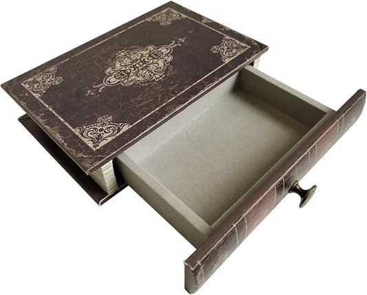 Vintage Decorative Book Storage Box with Drawer, Distressed Dark Brown Faux Leather Finish with Ornate Pattern, Hidden Keepsake Case for Desk or Bookshelf Display 9.5″ x 6.7″ x 2″