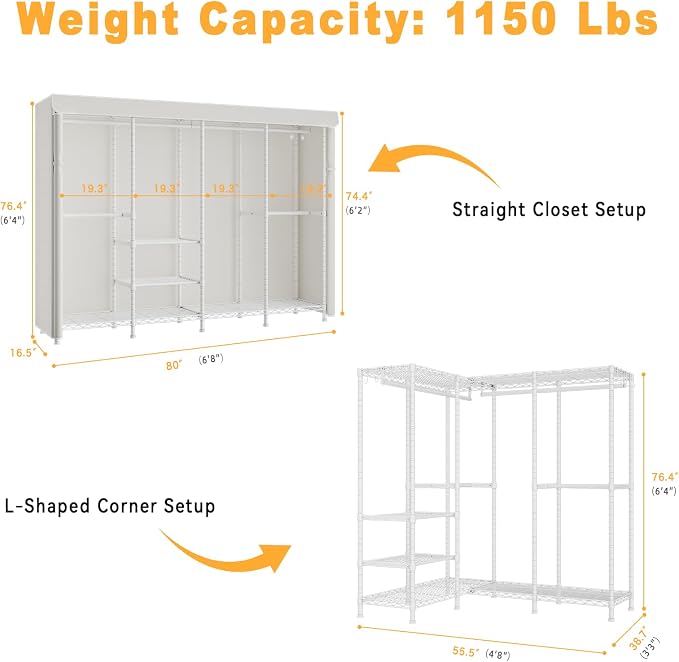 ULIFHOME Clothes Rack with Cover, Large Clothing Racks for Hanging Clothes | H41C Heavy Duty Garment Rack, Adjustable Shelves and Rods, Max Load 1150 Lbs, White Portable Closet Rack with White Cover