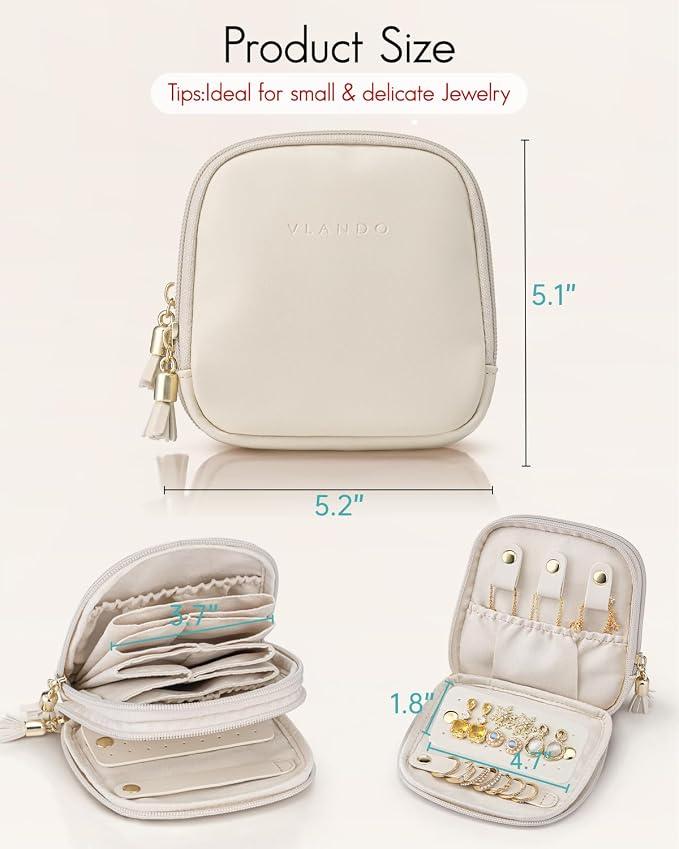 VLANDO Jewelry Travel Case with 2 Layers for Necklaces,Rings,Earrings | PU Leather Organizer with Divided Sections,Velvet Lining,Gift for Bride,Bridesmaid,Women,Girls,Cream White