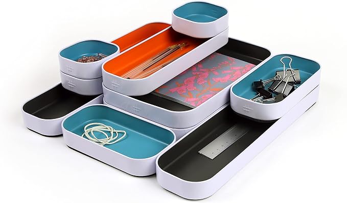 Three by Three Seattle Metal Drawer Organizer Tray Set, 10-Pc (Gray Mix) | Colorful food-safe metal bins; soft non-scratch base; organize utensils, makeup & supplies across every room