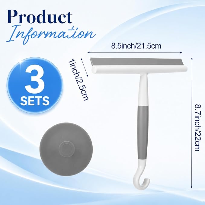 Domensi 3 Pack Silicone Shower Squeegee for Glass Doors with Hook & Suction Cup 8.7" Bathroom Window Squeegee Glass Wiper Streak Free for Bathroom Shower Doors, Mirrors, Car Windows & Kitchen Counters