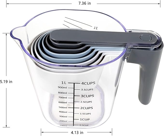11-Pc Stackable Measuring Cups & Spoons Set with Lids, Blue | Kitchen gadgets for cooking & baking Includes 1 adjustable spoon & lid, 9 stackable cups & spoons, BPA-free & dishwasher safe