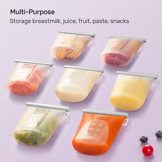 Nuliie 7 Pcs Reusable Silicone Breastmilk Storage Bags, 12oz/360ml Double Leak-Proof Breastmilk Freezer Bags, BPA Free Self-Standing Milk Bags for Breastfeeding, Baby Food Pouches