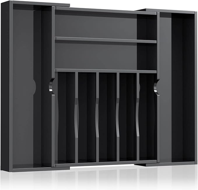 NIUBEE Expandable Kitchen Drawer Organizer for Flatware and Utensils,Black Acrylic Adjustable Silverware Tray for Drawer,Office,Bathroom Supplies-9 Compartments
