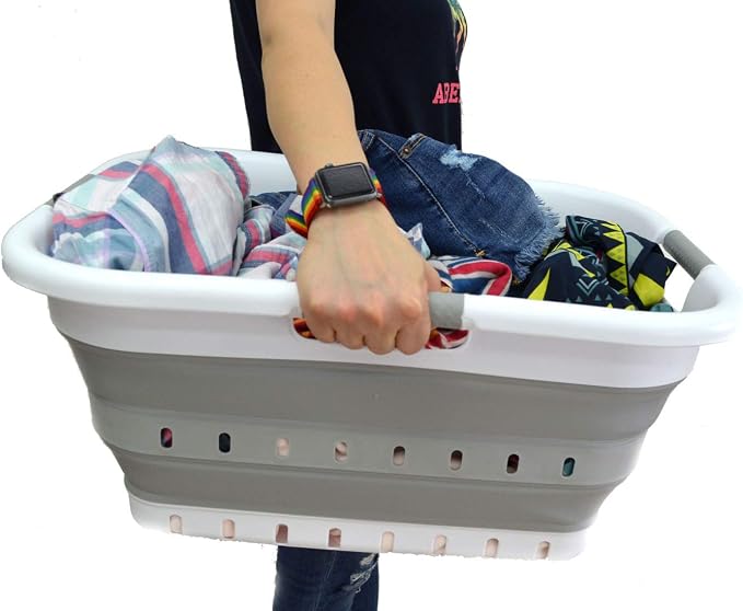SAMMART 41L (10.8 gallon) Set of 2 Collapsible 3 Handled Plastic Laundry Basket-Foldable Pop Up Storage Container/Organizer-Space Saving Hamper/Basket (2, White/Grey)