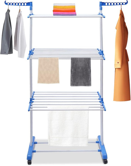 Foldable Clothes Drying Rack Stand 4-Tier,Garment Rolling Dryer Hanger with 4 Wheels,Easy to Assemble, Indoor Outdoor Use(Blue)