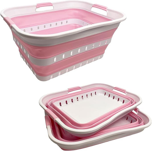 SAMMART 42 (11 Gallons) Collapsible Plastic Laundry Basket, Foldable Pop Up Storage Container/Organizer, Space Saving Hamper, Portable Bin for Dorm Room Bathroom (2, White/Cherry Pink)