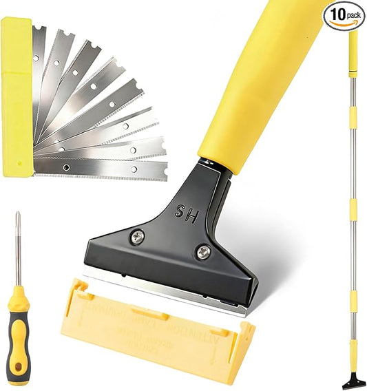 Floor Scraper Heavy Duty Long Handle,61in 4"Razor Blade Floor Scraper Adjustable with 10PCS Extra Metal Blades Paint Scraper for Cleaning Stickers Gum Glass Wall Tile Linoleum Stove Top