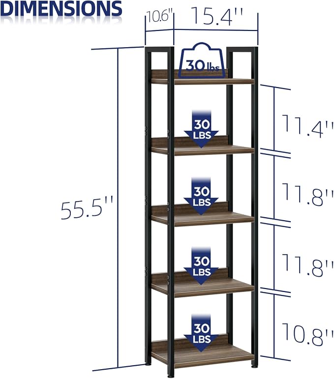 NUMENN Narrow Bookshelf, 5 Tier Freestanding Shelving Unit, Dark Walnut | Metal Frame & Wood Shelves, Falling Prevention Baffle, Open Storage Bookcase for Bedroom, Living Room & Home Office