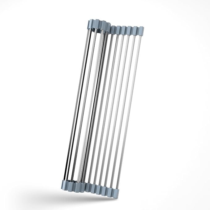 16.93 ×12.91 Inch Sink Drying Rack Roll Up, Silicone Wrapped 304 Square Stainless Steel Over the Sink Dish Drying Rack Counter Kitchen Home RV Essentials Foldable Sink Organizer,Grey