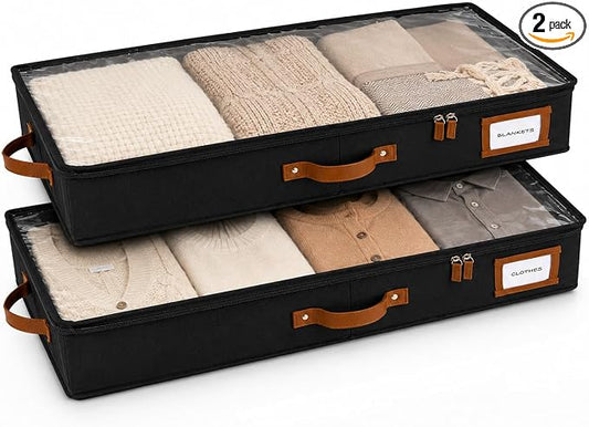 HOMELUX THEORY 2pc Low Profile Under Bed Storage Containers, Thin Under Couch Storage Organizer with Bins & Lids, Underbed Storage Box Ideal for Seasonal Clothes, Blankets, Fabric & Shoes (Black)