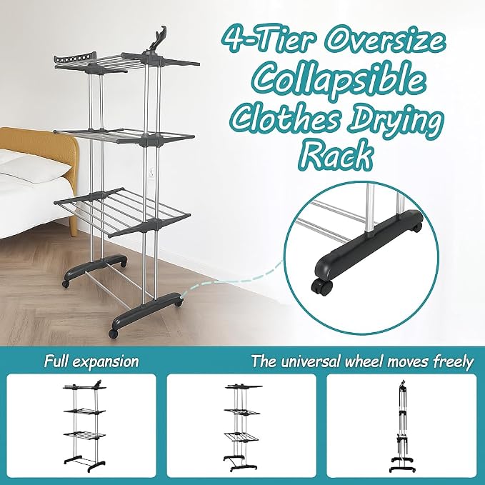 4-Tier Adjustable Stainless Steel Clothes Airer Drying Rack - Foldable (vertically), Rolling, Indoor & Outdoor Clothes Rail, Coat Stand, Laundry Hanging Rack