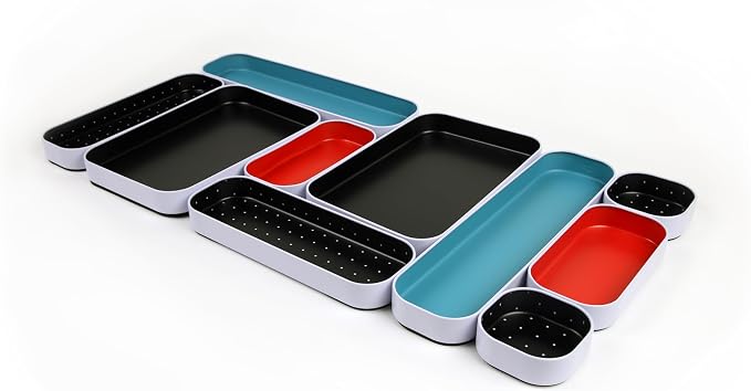Three by Three Seattle Metal Drawer Organizer Tray Set, 10-Pc, 1" (Multi) | Colorful food-safe metal bins; soft non-scratch base; organize utensils, makeup & supplies across every room