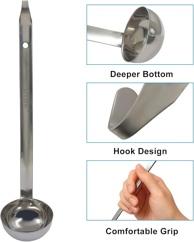 Hitefu 3 Pcs Stainless Steel Soup Ladle Set with Pouring Rim & Long Hooked Handles for Cooking, Serving Soup, Sauce, Stews (2 oz)