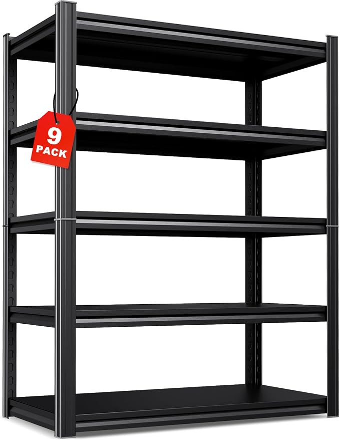 Set of 9 All Metal Garage Shelving - 2050 lbs 5 Tier Storage Shelves, Adjustable Heavy Duty Metal Shelving Unit and Storage Large Rack, Utility Steel Shelf for Warehouse Industrial Pantry 71"x46"x20"