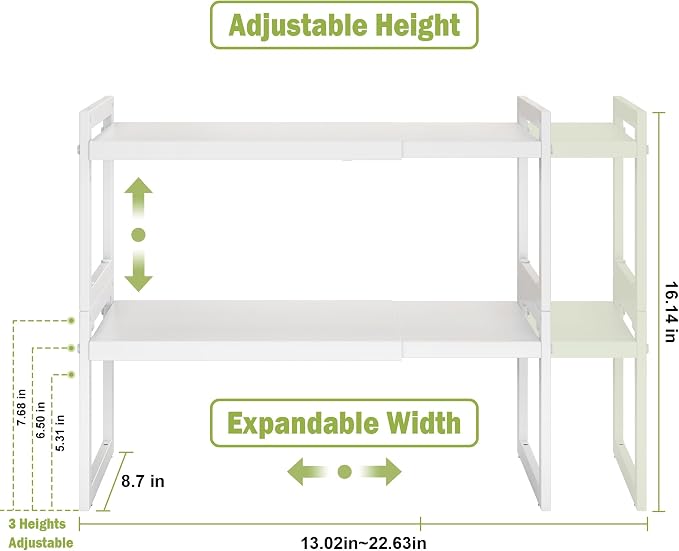 Expandable Cabinet Shelf Organizer, Stackable Kitchen Counter Shelf, White | Space Saving Metal Pantry Storage Racks for Kitchen Spice Rack Pans and Untensils Bathroom Office Organization, 2-Tier