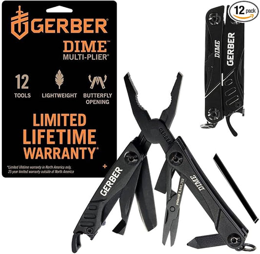 Gerber Gear Dime 12-in-1 Mini EDC Multitool - Needle Nose Pliers, Pocket Knife, Keychain, Bottle Opener - Gifts for Men, EDC Gear and Equipment - Black (Pack of 12)